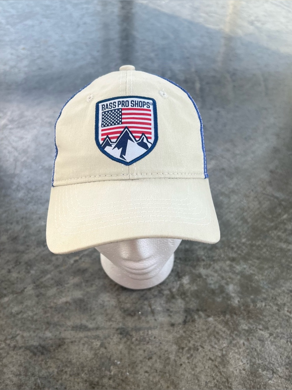 Bass Pro Shops USA Flag Mountain Patch Trucker Hat Blue Mesh Snapback OSFA